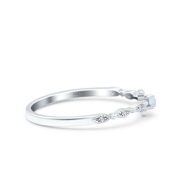 Petite Dainty Lab Created White Opal Ring Solid Round Oxidized 925 Sterling Silver